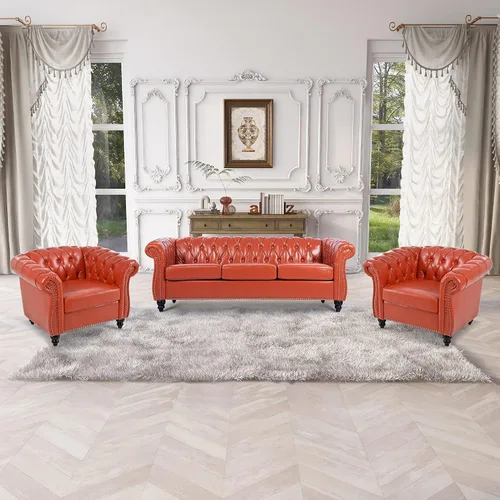 Vista 16 de Muebles de sofá Chesterfield de tela de 85 pulgadas, sofá tapizado con respaldo copetudo, brazo enrollable, sofá Chesterfield clásico para sala