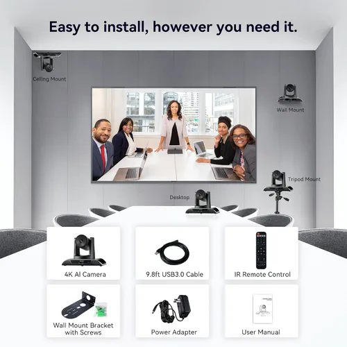 Vista 9 de TONGVEO Cámara PTZ 4K con seguimiento automático alimentado por IA y control de gestos Zoom digital 5X USB 3.0 Cámara web PTZ gran angular de 120