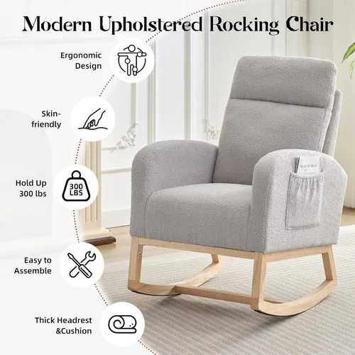 Vista 4 de Takywep Mecedora para guardería con patas de madera maciza, mecedora para guardería con dos bolsillos laterales, sillón mecedor para sala de estar