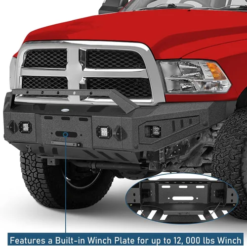 Vista 4 de u-Box Parachoques delantero para Dodge Ram 2500 3500 2010-2018, parachoques todoterreno resistente con placa de cabrestante, placa deslizante