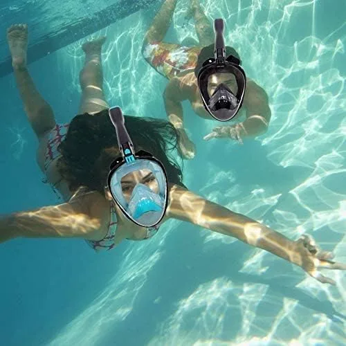 Vista 7 de Máscara de esnórquel de cara completa, máscara de buceo para niños y adultos, máscara de esnórquel con vista panorámica de 180 con soporte