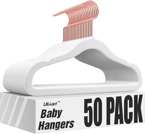 Vista 9 de Perchas de terciopelo para bebé, paquete de 50 unidades, 11.4 pulgadas, perchas antideslizantes para ropa de bebé, perchas resistentes para bebés