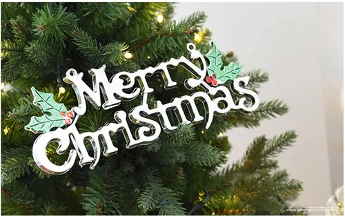 Vista 4 de Diseños de letreros de Feliz Navidad, letreros colgantes decorativos con purpurina, adornos colgantes plateados de feliz árbol de Navidad
