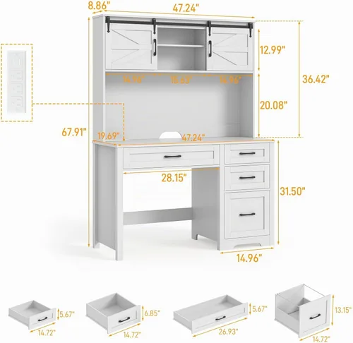Vista 2 de Escritorio ejecutivo de granja de 67 pulgadas de alto con gabinete, mesa de oficina con luz LED y 4 cajones, escritorio para computadora