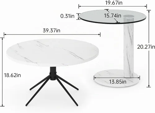 Vista 2 de Hooseng Juego de 2 mesas de café redondas, parte superior de mármol sintético y moderna tapa de vidrio transparente templado, perfectas para sala