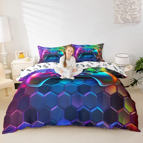 Vista 30 de Juego de funda de edredón con diseño de videojuegos para niños, tamaño individual, negro y azul a cuadros, juego de ropa de cama moderna