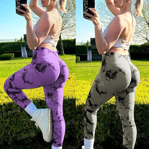 Vista 2 de Leggings sin costuras de teñido anudado para mujer, pantalones de yoga de cintura alta, mallas de compresión para levantamiento de glúteos