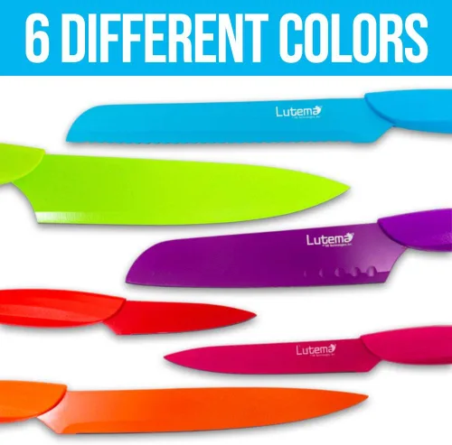Vista 4 de Lutema Juego de cuchillos profesionales de 12 piezas con vainas, mango de diseño ergonómico (MULTICOLOR)
