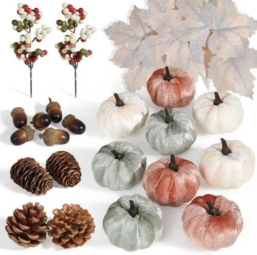 Vista 10 de Artmag - 51 piezas de calabazas artificiales, decoración de cosecha de otoño con bellotas, piñas, bayas, hojas de arce para decoración otoñal