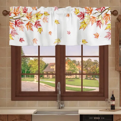 Vista 7 de Cenefa para ventanas, cenefas de cocina con bolsillo para barra, cortinas cortas de hojas de arce de Acción de Gracias para sala de estar, baño