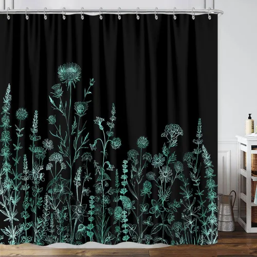 Vista 9 de Cortina de ducha de mariposa floral negra y dorada, cortina de ducha bohemia con diseño botánico de flores oscuras para baño con gancho, juego