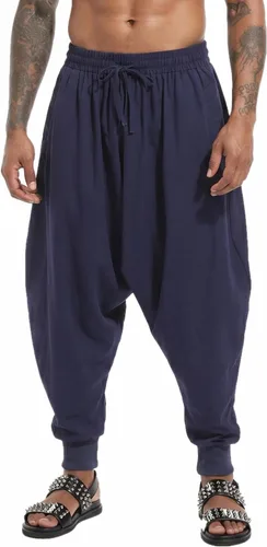 Vista 6 de perdontoo Pantalones harén para hombre, ajuste holgado, cintura elástica, cordón ajustable, pantalones hippie Aladdin beige