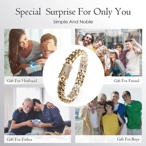 Vista 4 de PY BLING Heavy Stainless Steel Miami Cuban Link Bracelet 8mm-16mm 14k Real Gold Plated with Lab Diamond Clasp Premium Hip Hop Jewelry For Men Women