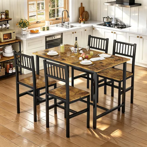 Vista 4 de AWQM Juego de mesa de comedor para 4, mesa industrial con juego de sillas, marrón rústico