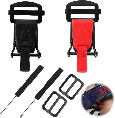 Vista 7 de Paquete de 2 hebillas de liberación rápida para casco, clip de correa de barbilla de liberación rápida para casco de motocicleta, doble anillo en D