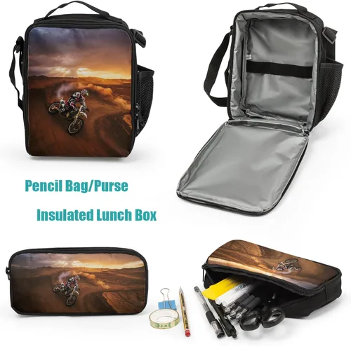 Vista 5 de Giwawa Mochilas escolares geniales para adolescentes y niños, juego de bolsas escolares, bolsa de almuerzo, estuche para lápices, Motocicleta
