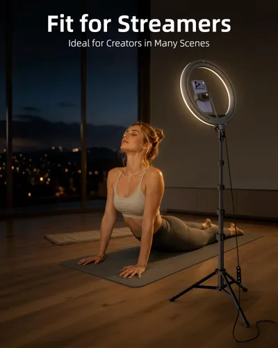 Vista 6 de TODI Anillo de luz de 12 pulgadas con soporte de trípode extensible de 63 pulgadas, anillo de luz para selfie con soporte para teléfono y control