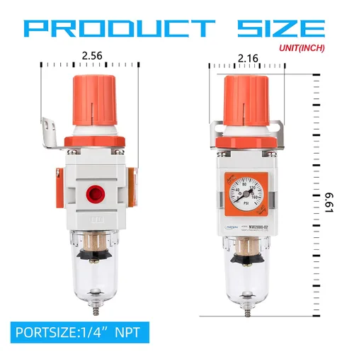 Vista 3 de NANPU 1/4 "NPT Embedded Gauge Compressed Air Filter/Regulator Piggyback Combo, Drenaje semiautomático, Elemento de latón de 5 micrones, Cuenco