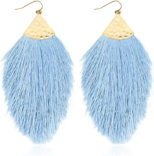 Vista 10 de Aretes bohemios de hilo sedoso con flecos y borlas – Ligeros, colgantes, con hebras y forma de pluma Fleco de plumas - Azul Aqua