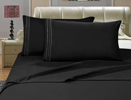 Vista 3 de Elegancia Lino® wrinkle-resistant 1500 hilos California King Size Silky Soft Lujoso Juego de sábana 4pcs Deep bolsillo hasta 16", color negro