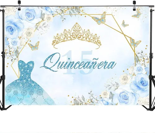 Vista 3 de Mocsicka Telón de fondo de quinceañera para cumpleaños de 15 años con corona dorada para fotos, fondo de fotografía de princesa real Mis membrillo