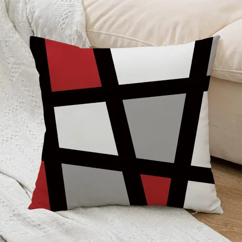 Vista 4 de Juego de 4 fundas de almohada rojas de 18 x 18 pulgadas, fundas de almohada decorativas de rayas abstractas negras y grises, decoración moderna