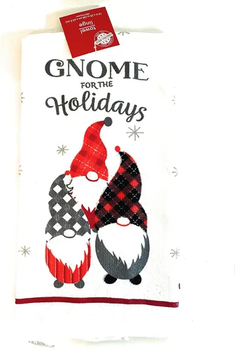 Vista 3 de Greenbrier Gnomos internacionales para las fiestas. Juego de cocina de Navidad de 5 piezas. 2 toallas de cocina, 2 soportes para ollas y 1 guante