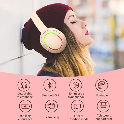 Vista 3 de Auriculares Bluetooth, auriculares para juegos sobre la oreja con micrófono, control de volumen y auriculares plegables, 2 modos con cable