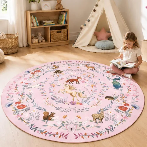 Vista 14 de jinchan Moonrise - Alfombra redonda de 5 pies para habitación de niños, lavable, suave, antideslizante, de pelo bajo, diseño de cuento de hadas
