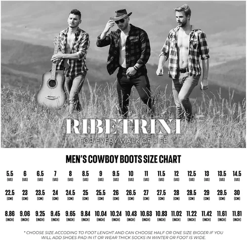 Vista 6 de RIBETRINI Botas vaqueras bordadas para hombre, botas vaqueras duraderas con punta cuadrada, tacón grueso, plataforma de piel sintética, botas