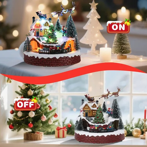Vista 2 de Vipush Decoraciones de Casa de Pueblo Navideño de Resina Juego de Tren con Papá Noel Volador Decoración del Hogar Interior Figuras de Edificios Tren