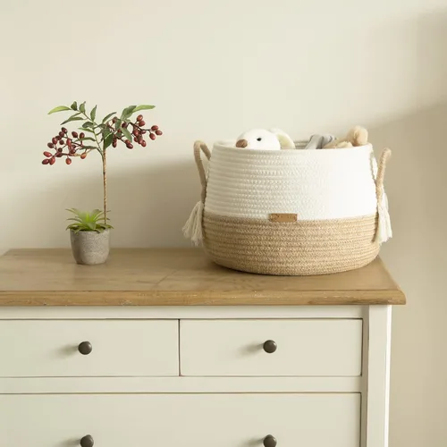 Vista 5 de R RUNKA Cesta pequeña para animales de peluche, ropa, mantas para bebé - 30 cm x 25 cm - Cestas boho para sala de estar, dormitorio, guardería