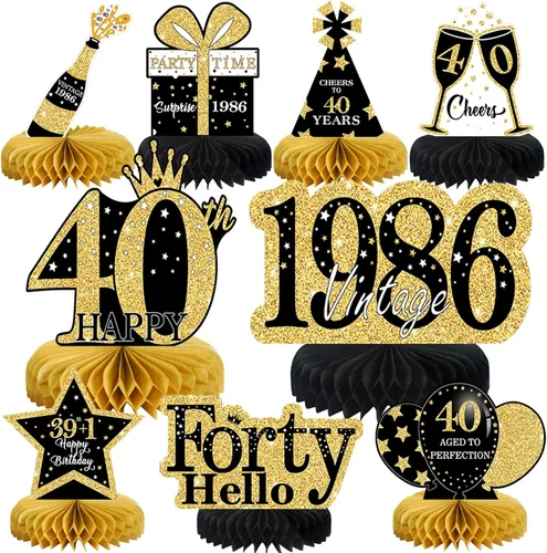 Vista 28 de 9 piezas de decoración de cumpleaños negro dorado 16 centros de mesa de panal para niños y niñas, centros de mesa de feliz cumpleaños 16 Oro negro 16