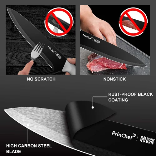 Vista 3 de PrinChef Cuchillo de chef, cuchillo de cocina ultra afilado de 8 pulgadas con funda, cuchillo de chef de acero de alto carbono con revestimiento