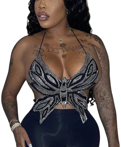 Vista 2 de Formery Sujetador sexy con diamantes de imitación Y2K para mujer, camiseta sin mangas negra con mariposa, discoteca, fiesta, festival, tops cortos