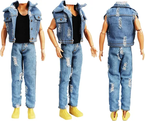 Vista 6 de E-TING 3-artículo Chaleco de mezclilla rasgado chaqueta trajes casuales para muñeca de niño de 12 pulgadas