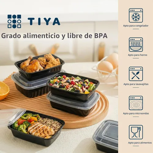 Vista 4 de Tiya Contenedores de preparación de comidas con tapas, paquete de 150 recipientes de plástico de 12 onzas sin BPA para almacenamiento de alimentos