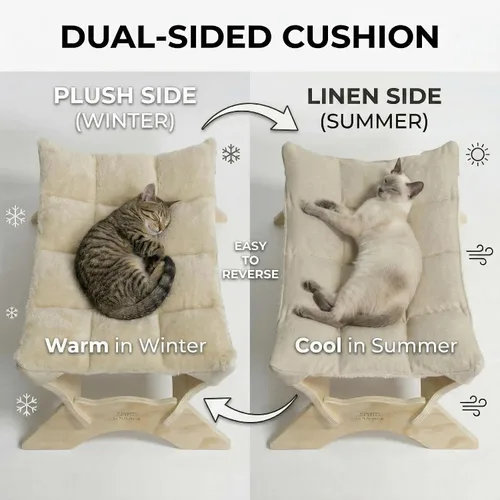 Vista 2 de JSPYFITS Hamaca elevada para gatos, cama ortopédica elevada para perros con cojín de felpa y lino de doble cara, muebles modernos para gatos