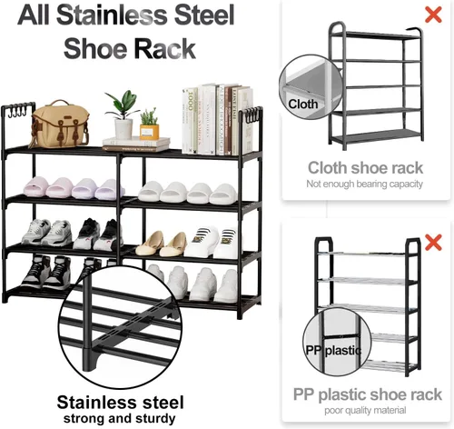 Vista 5 de Estante para zapatos de 2 filas y 4 niveles, estante de zapatos apilable de metal negro con ganchos multifuncionales, capacidad para 16-20 pares