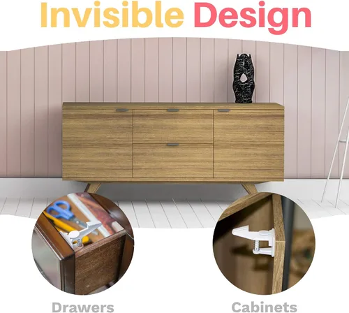 Vista 4 de Inaya Cerraduras de gabinete a prueba de bebés – Cerraduras de cajón a prueba de niños – Pestillos de seguridad para niños con adhesivo 3M fácil
