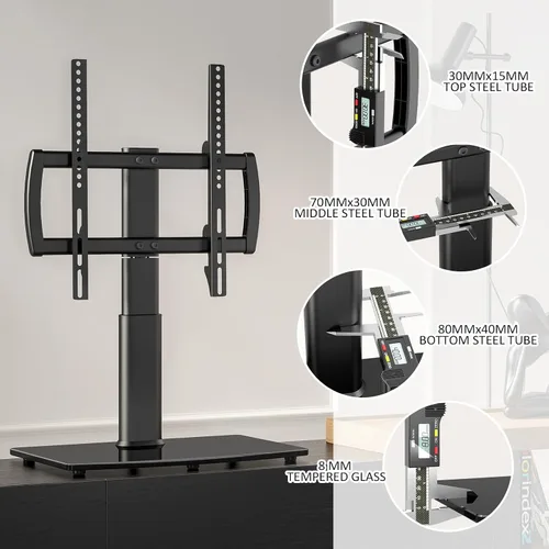 Vista 7 de Soporte universal giratorio/de mesa para TV de 27 a 60 pulgadas con giro de 80 grados, base de vidrio templado resistente de 4 niveles de altura