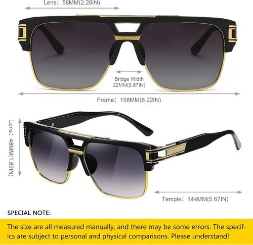 Vista 5 de SHEEN KELLY Gafas de sol piloto de gran tamaño retro con marco de metal para hombres y mujeres, gafas cuadradas semi sin montura