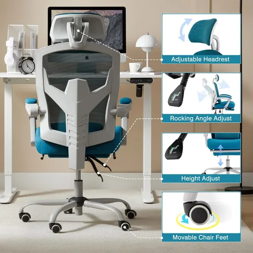 Vista 3 de Silla de oficina ergonómica de malla con almohada de apoyo lumbar y reposapiés retráctil, diseño de respaldo alto transpirable, silla reclinable Azul
