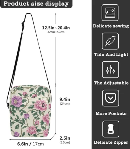 Vista 3 de Vintage Pink Flowers Green Leaves William Morris Style cute messenger bag Small Crossbody Bags Casual Purse Cross Body Shoulder Handbags Adjustable