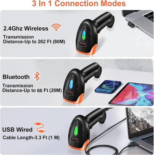 Vista 3 de KUIIYER Escáner de Código de Barras Bluetooth, Escáneres de Códigos de Barras Inalámbricos 2D QR 1D de Mano, Lector de Código de Barras con CMOS