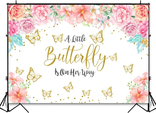 Vista 3 de Telón de fondo de mariposa para baby shower, con texto en inglés "A Little Butterfly is On Her Way", fondo de baby shower, fondo de mariposa floral