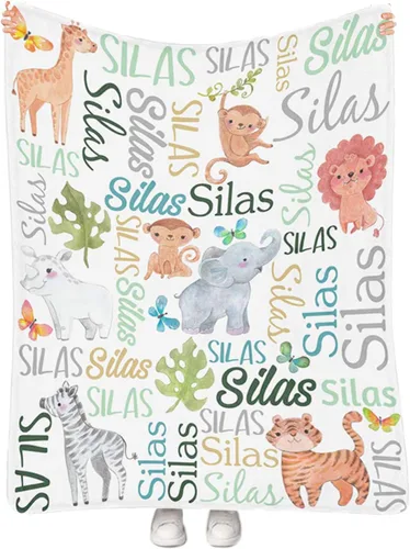 Vista 8 de Artsadd Manta personalizada con nombre, manta personalizada de animales de la selva, manta personalizada de safari para niños, niñas, baby shower