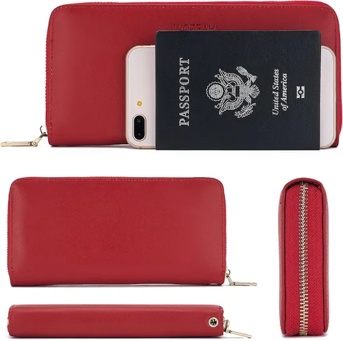 Vista 4 de WOZEAH - Cartera de piel sintética con cremallera y bloqueo RFID para mujer, ideal para viajar