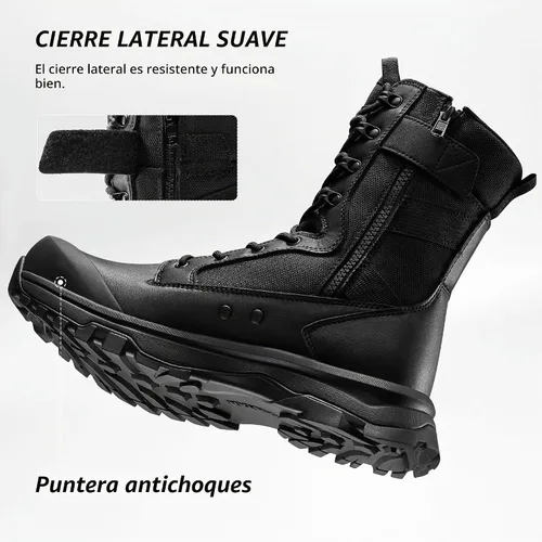 Vista 3 de Coostar Botas tácticas para hombre, ligeras, botas de combate militar, botas de trabajo con cremallera lateral, botas de motocicleta, para Negro