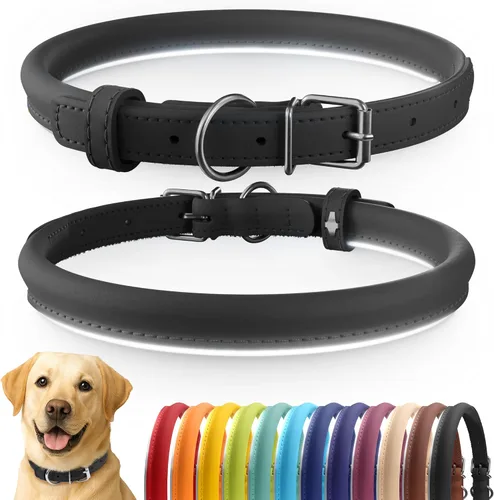 Vista 50 de CollarDirect - Collar de cuero enrollado para perro, collar redondo acolchado suave para cachorro, collar de cuero auténtico hecho a mano